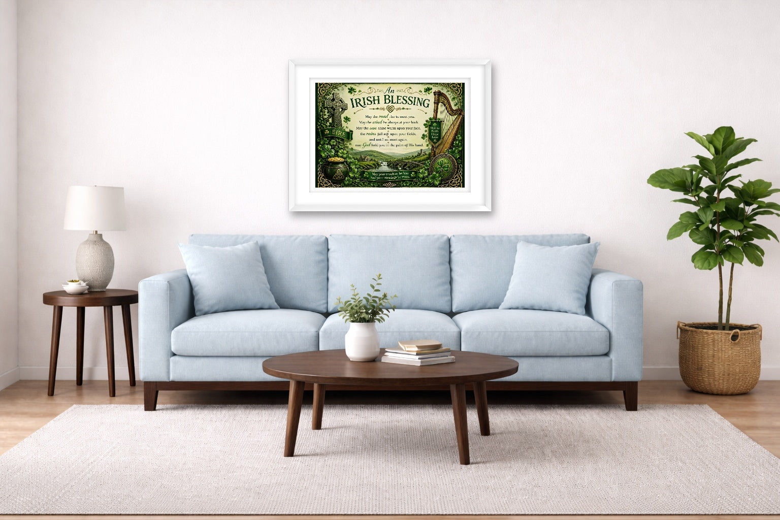 Irish Blessing with Celtic Icons printed on fine art paper, framed on a white frame and matted. Hung on a living room wall.
