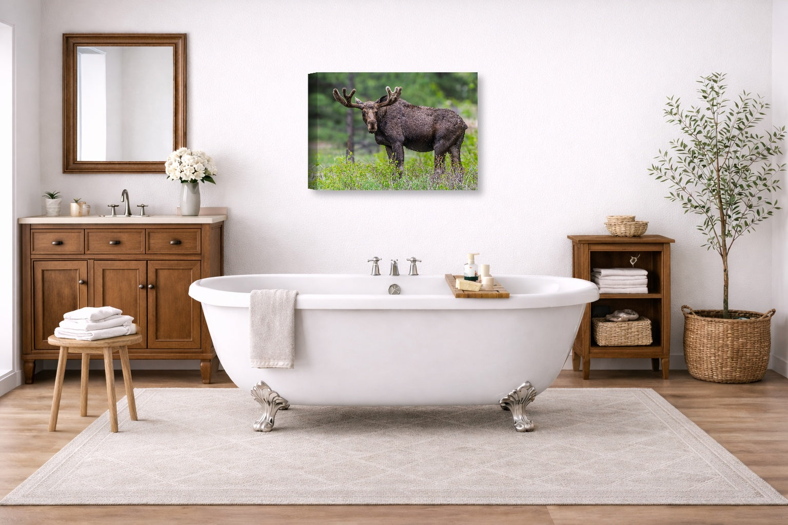 Moose in the Rockies printed on canvas wall art displayed on a bathroom wall .