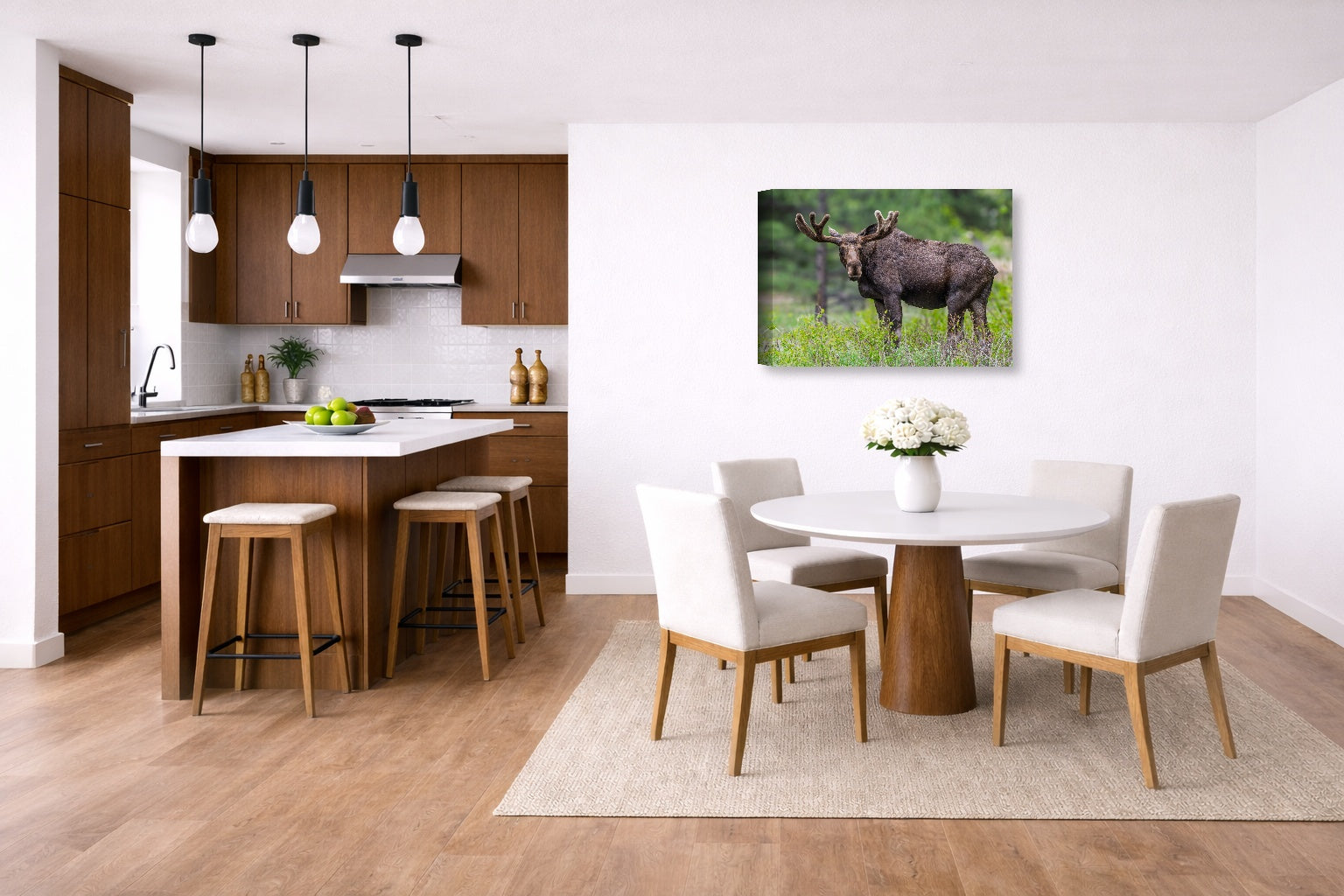 Moose in the Rockies printed on canvas wall art displayed on a wall in a dinette.