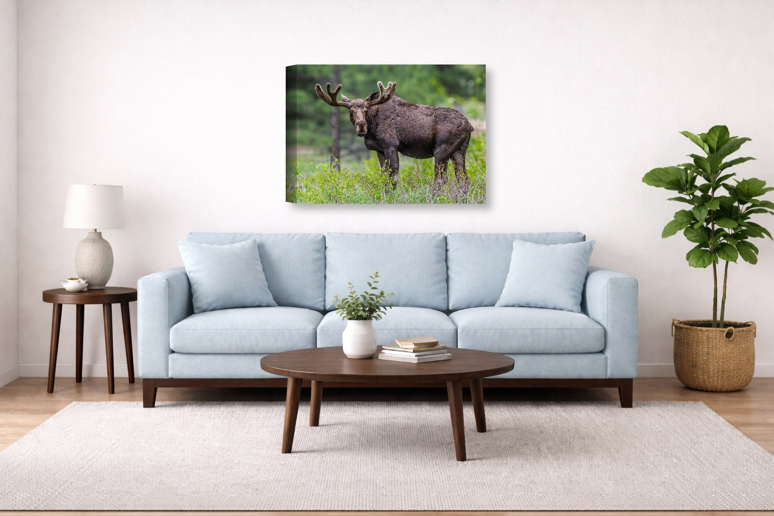Moose in the Rockies printed on canvas wall art displayed above a couch in a living room