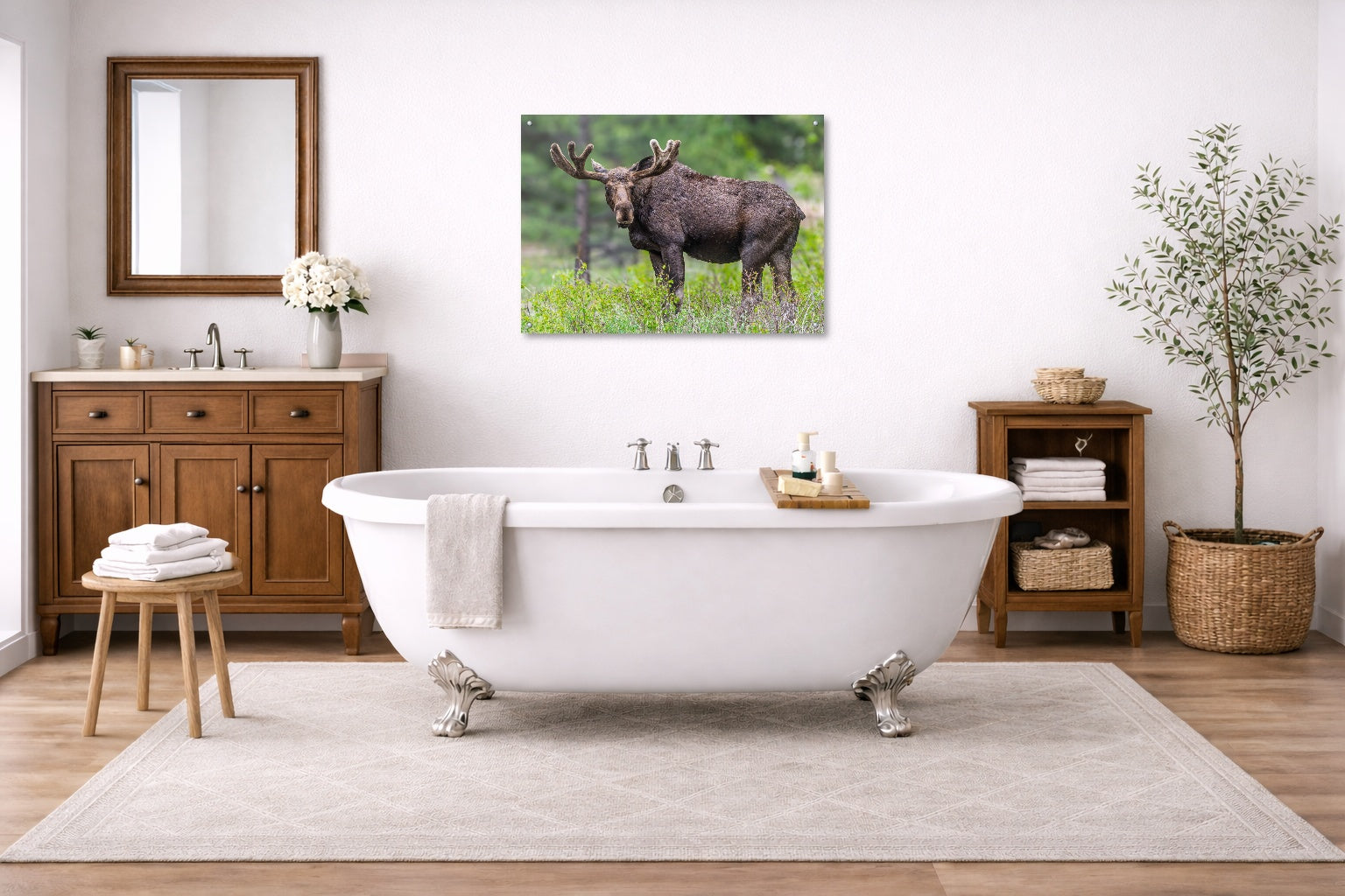 Moose in the Rockies printed on aluminum metal with wall anchors. Hung on a bathroom wall.