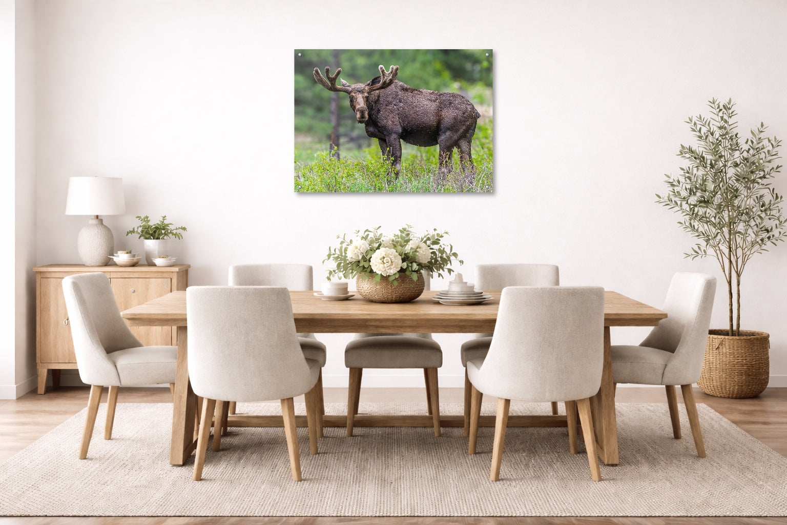 Moose in the Rockies printed on aluminum metal with wall anchors. Hung on a dining room wall.
