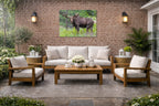 Moose in the Rockies printed on water resistant canvas and mounted on a waterproof frame. Hung on a patio wall.