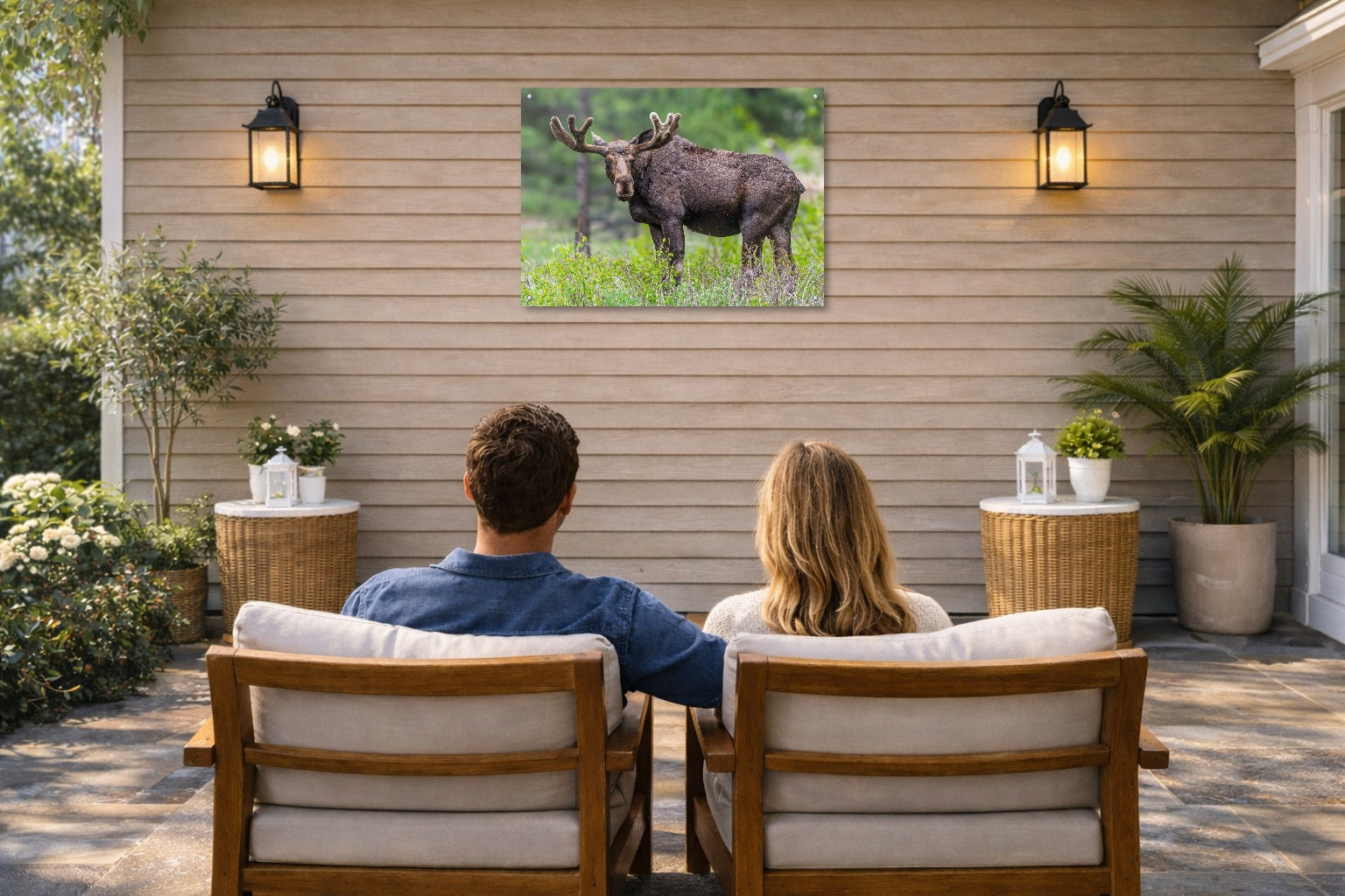 Moose in the Rockies printed on water resistant canvas and mounted on a waterproof frame. Hung on a patio wall with couple.
