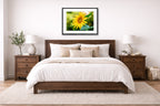Petals of Gold - Sunflower printed on fine art paper, framed on a black frame and matted and hung on a wall on an bedroom wall.