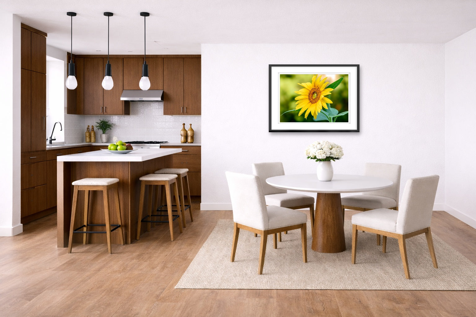 Petals of Gold - Sunflower printed on fine art paper, framed on a black frame and matted and hung on a wall on a dinette wall.