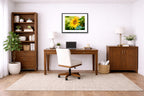 Petals of Gold - Sunflower printed on fine art paper, framed on a black frame and matted and hung on a wall on an home office wall.