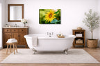 Petals of Gold - Sunflower printed on canvas wall art displayed on a bathroom wall .