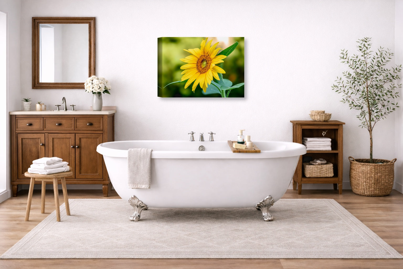 Petals of Gold - Sunflower printed on canvas wall art displayed on a bathroom wall .