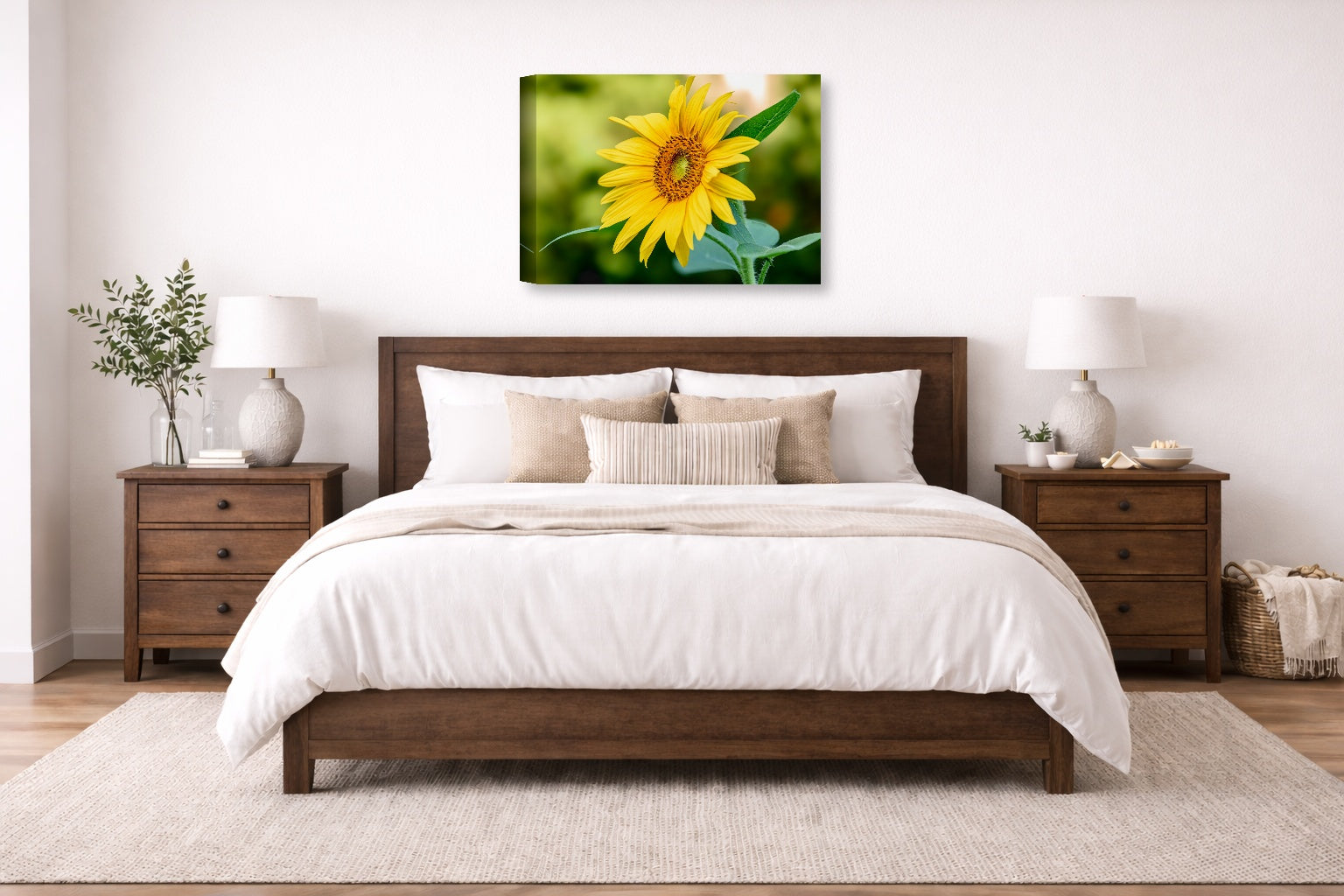Petals of Gold - Sunflower printed on canvas wall art displayed on a wall above a bed.