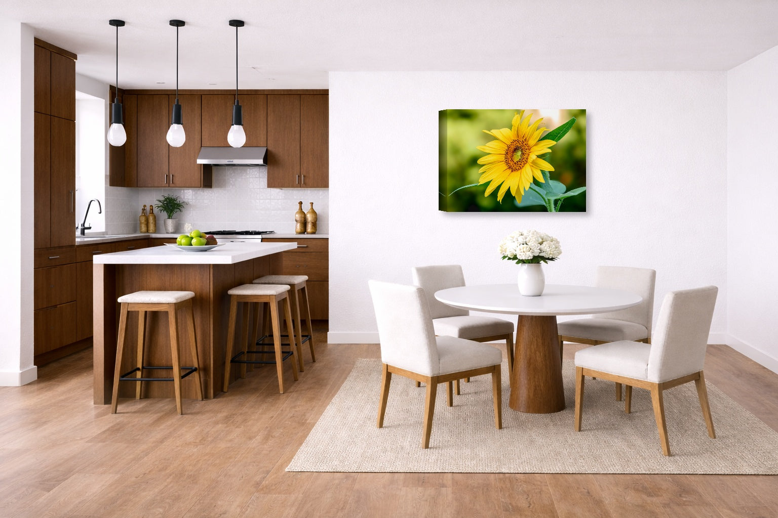 Petals of Gold printed on canvas wall art displayed on a wall in a dinette.