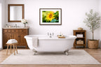 Petals of Gold - Sunflower printed on fine art paper, framed on a espresso frame and matted. Hung on a bathroom wall.
