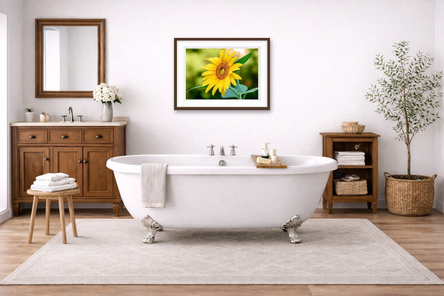 Petals of Gold - Sunflower printed on fine art paper, framed on a espresso frame and matted. Hung on a bathroom wall.