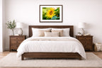 Petals of Gold - Sunflower printed on fine art paper, framed on a espresso frame and matted. Hung on a living bedroom wall.