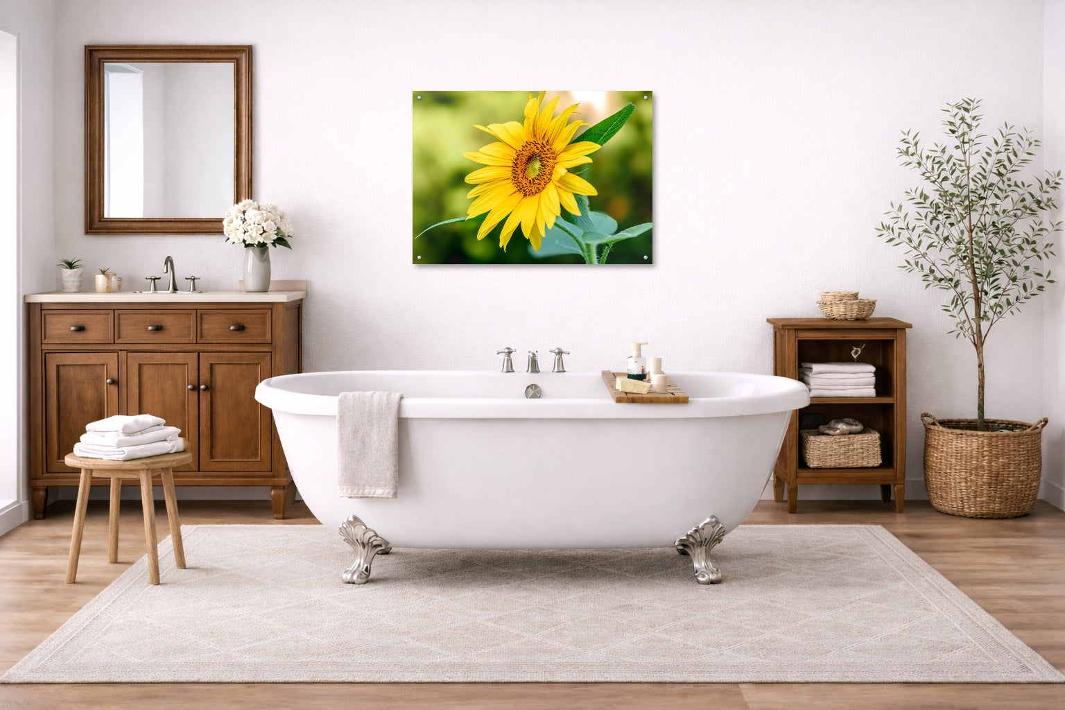 Petals of Gold - Sunflower printed on aluminum metal with wall anchors. Hung on a bathroom wall.