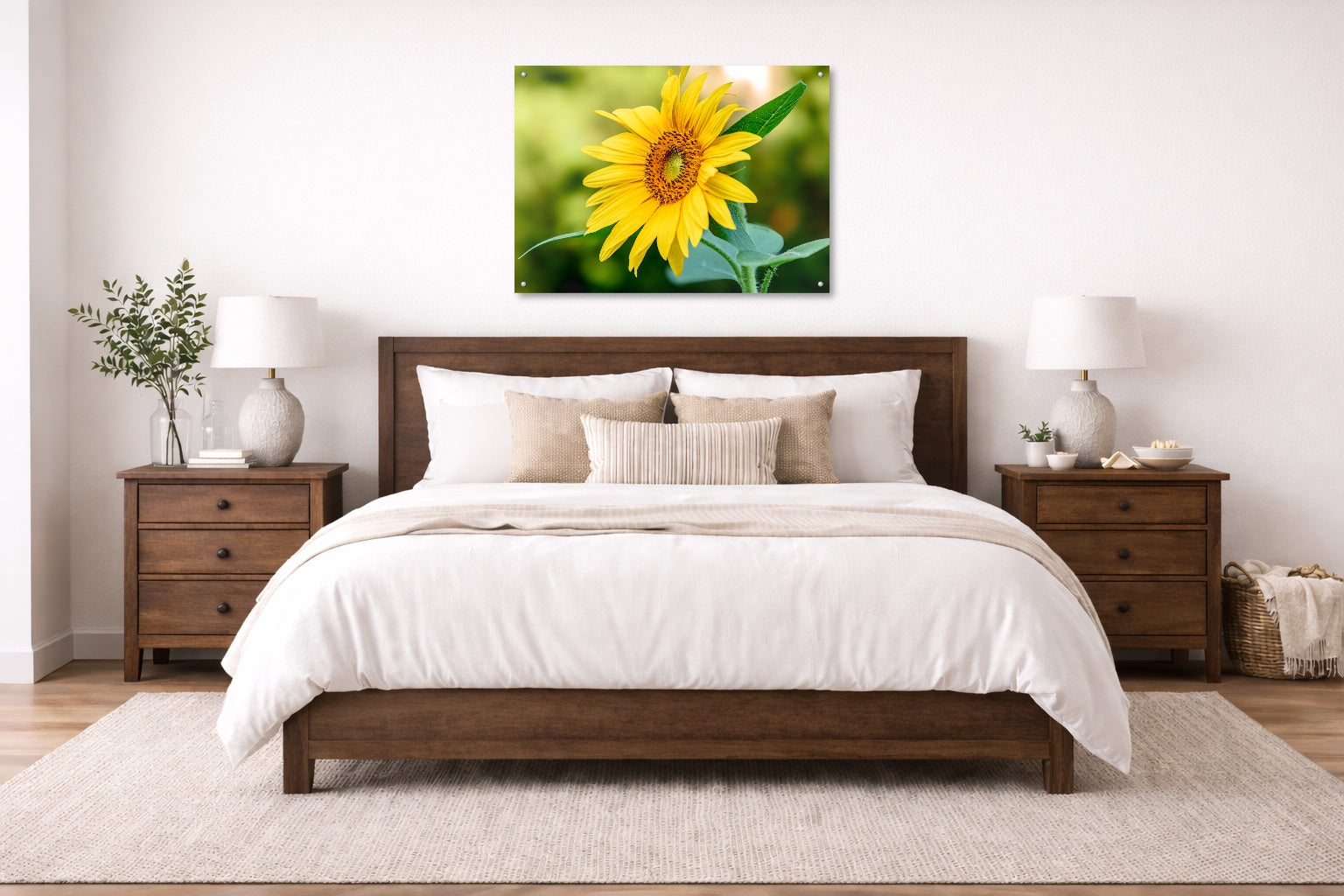 Petals of Gold - Sunflower printed on aluminum metal with wall anchors. Hung on a bedroom wall.