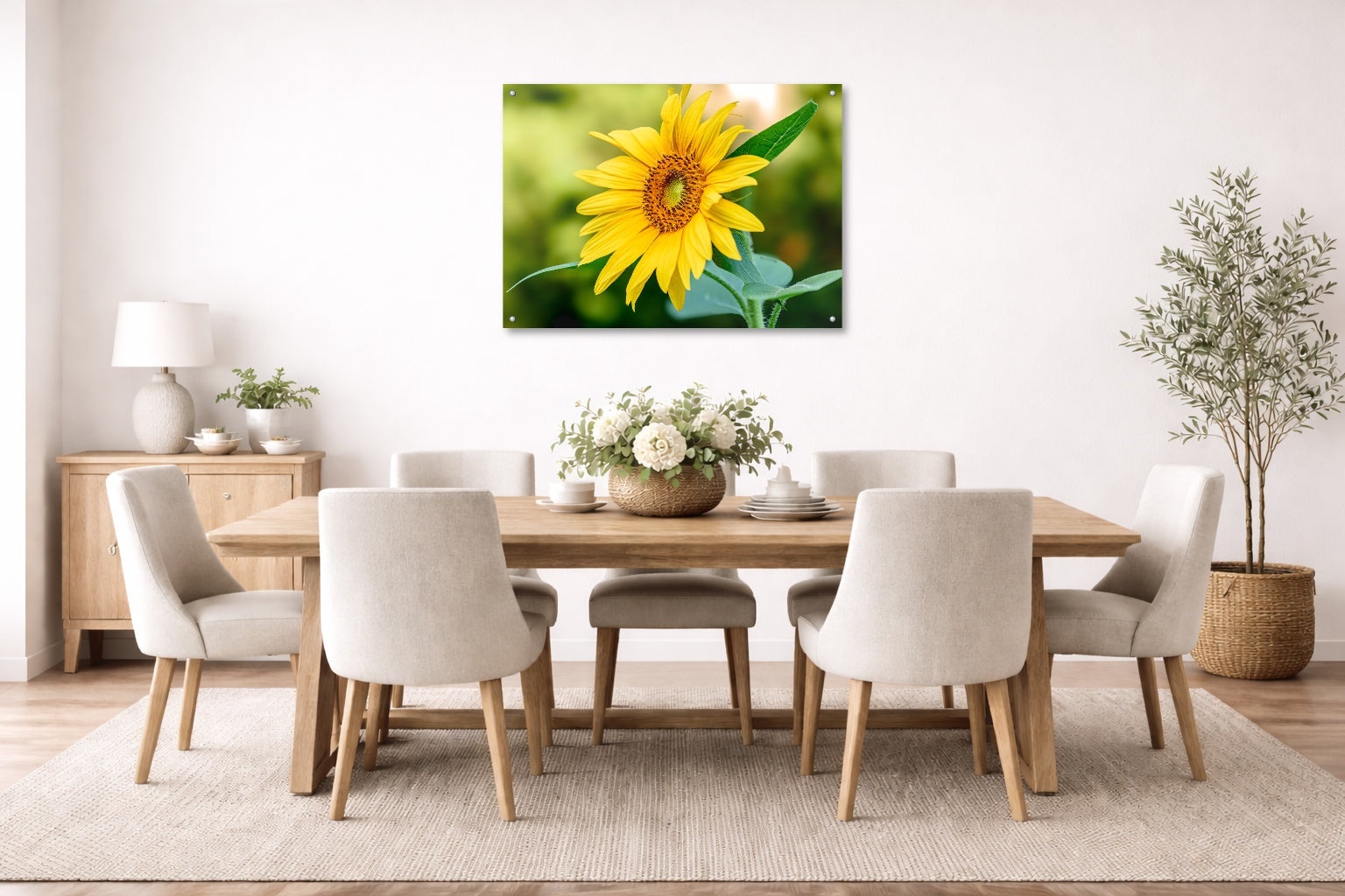 Petals of Gold - Sunflower printed on aluminum metal with wall anchors. Hung on a dining room wall.