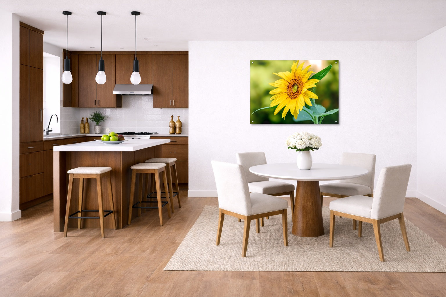 Petals of Gold - Sunflower printed on aluminum metal with wall anchors. Hung on a kitchen-dinette wall.