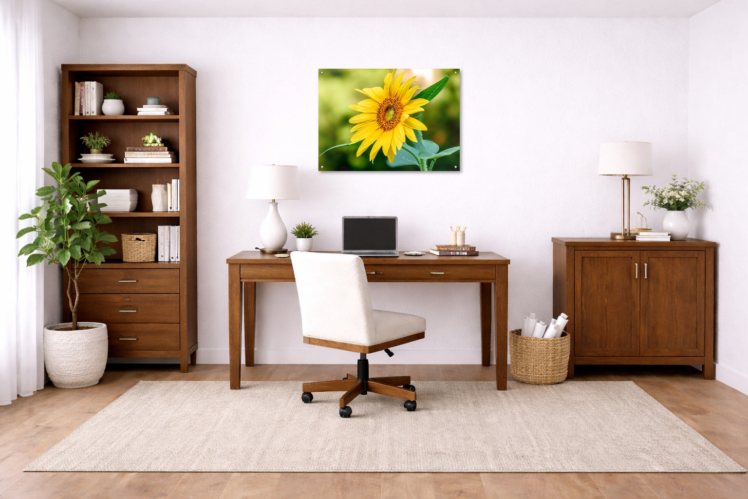 Petals of Gold - Sunflower printed on aluminum metal with wall anchors. Hung on a office wall.