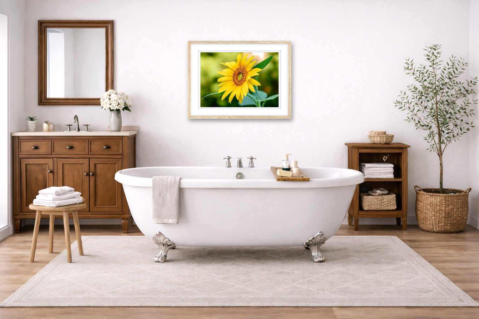 Petals of Gold - Sunflower printed on fine art paper, framed on a oak frame and matted. Hung on a bathroom wall.
