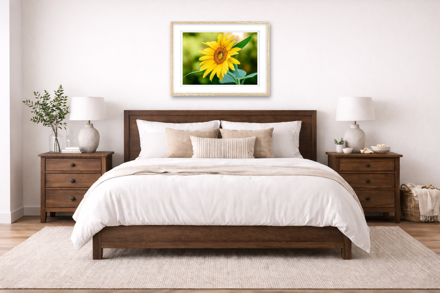 Petals of Gold - Sunflower printed on fine art paper, framed in a oak frame and matted. Hung on a bedroom wall.