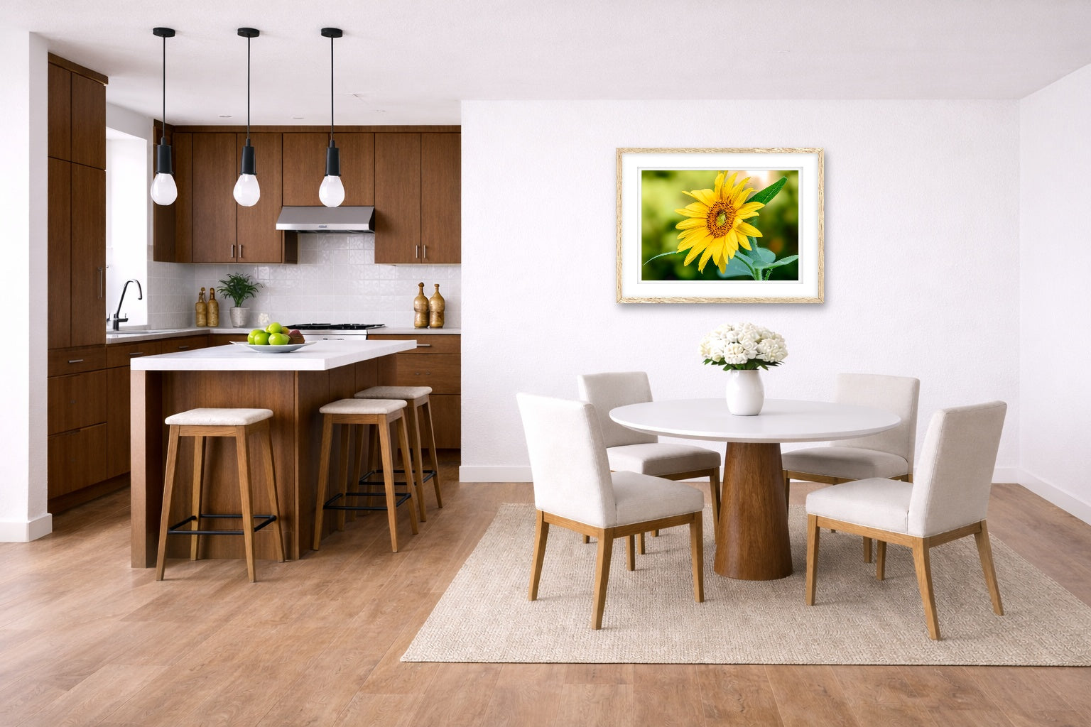 Petals of Gold - Sunflower printed on fine art paper, framed on a oak frame and matted. Hung on a kitchen-dinette wall.