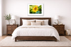 Petals of Gold - Sunflower printed on fine art paper, framed on a white frame and matted. Hung on a bedroom room wall
