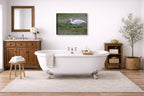 Ibis Walking in the Grass printed on canvas wall art displayed on a bathroom wall .