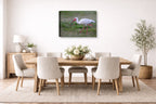 Ibis Walking in the Grass printed on canvas wall art displayed on a wall in the dinning room