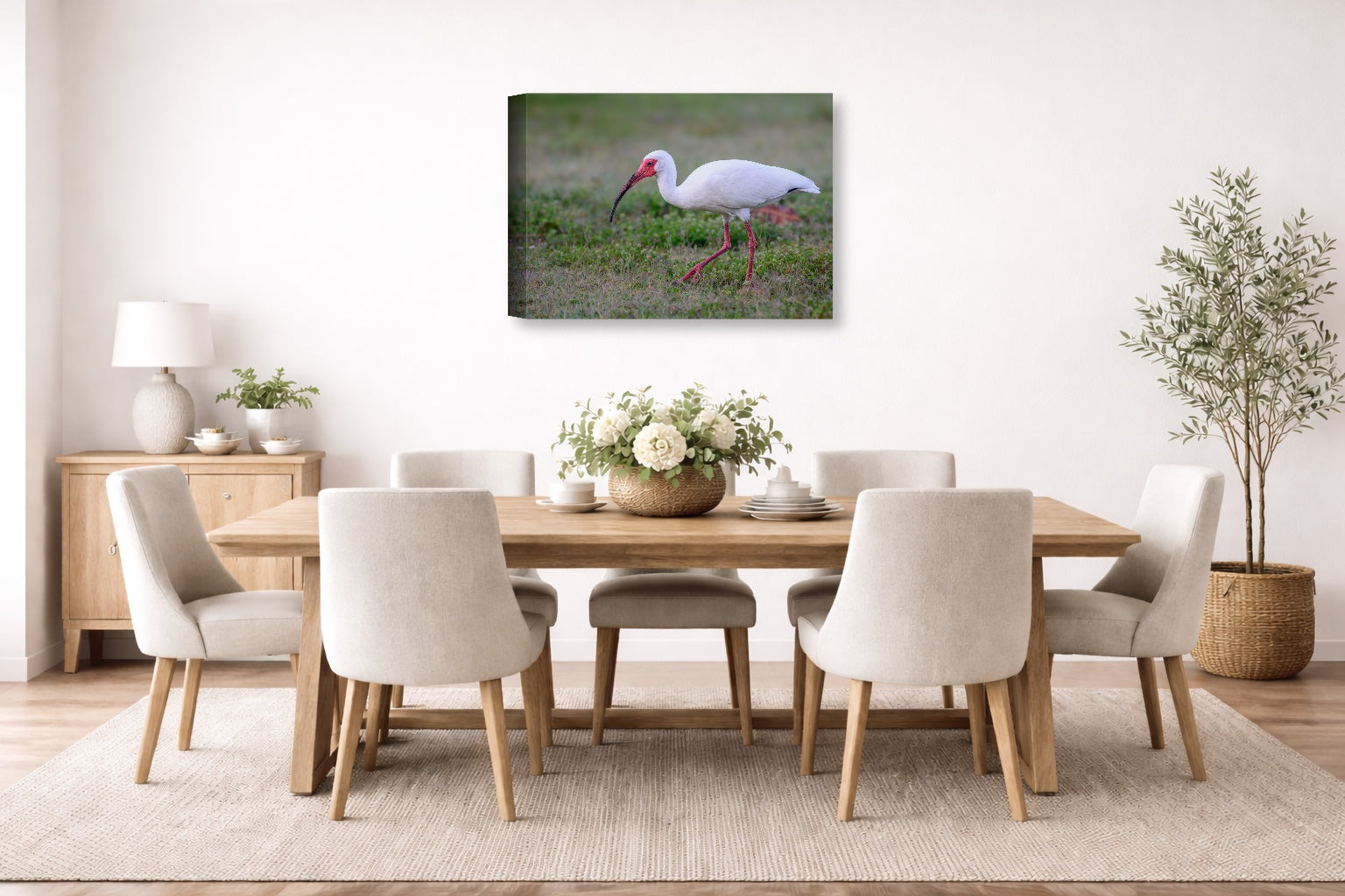 Ibis Walking in the Grass printed on canvas wall art displayed on a wall in the dinning room