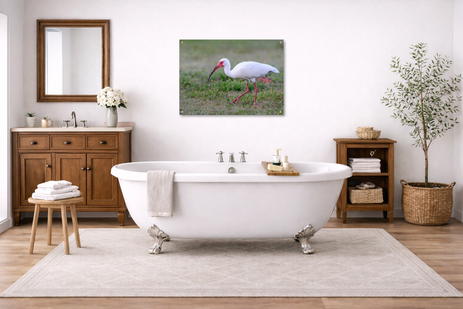 Ibis Walking in the Grass printed on aluminum metal with wall anchors. Hung on a bathroom wall.