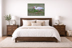 Ibis Walking in the Grass printed on aluminum metal with wall anchors. Hung on a bedroom wall.