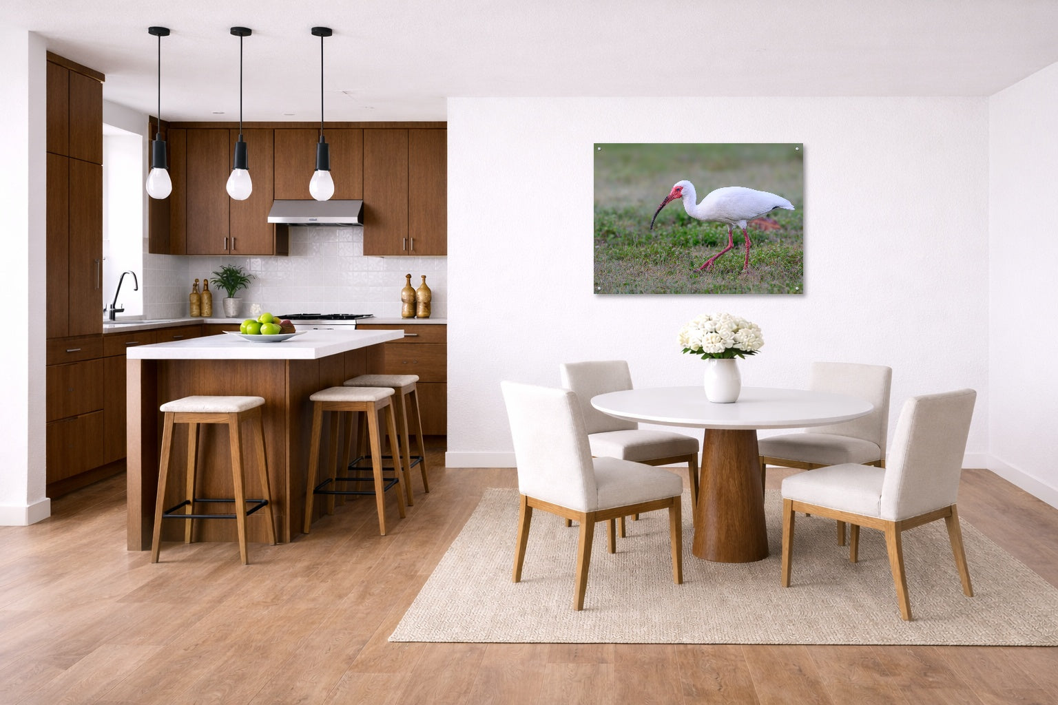 Ibis Walking in the Grass printed on aluminum metal with wall anchors. Hung on a kitchen-dinette wall.