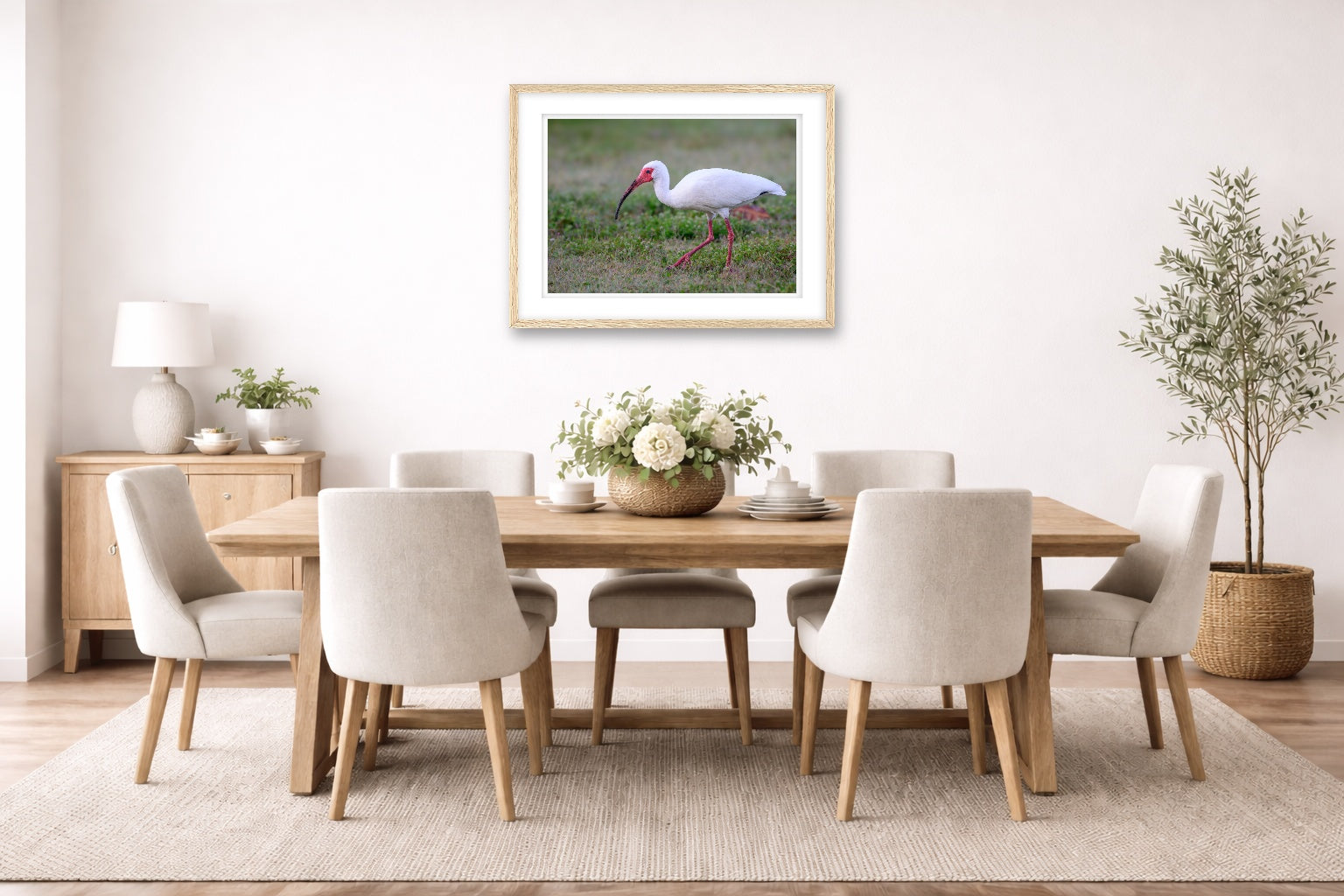 Ibis Walking in the Grass printed on fine art paper, framed on a oak frame and matted. Hung on a dining room wall.