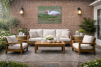 Ibis Walking in the Grass printed on water resistant canvas and mounted on a waterproof frame. Hung on a patio wall.