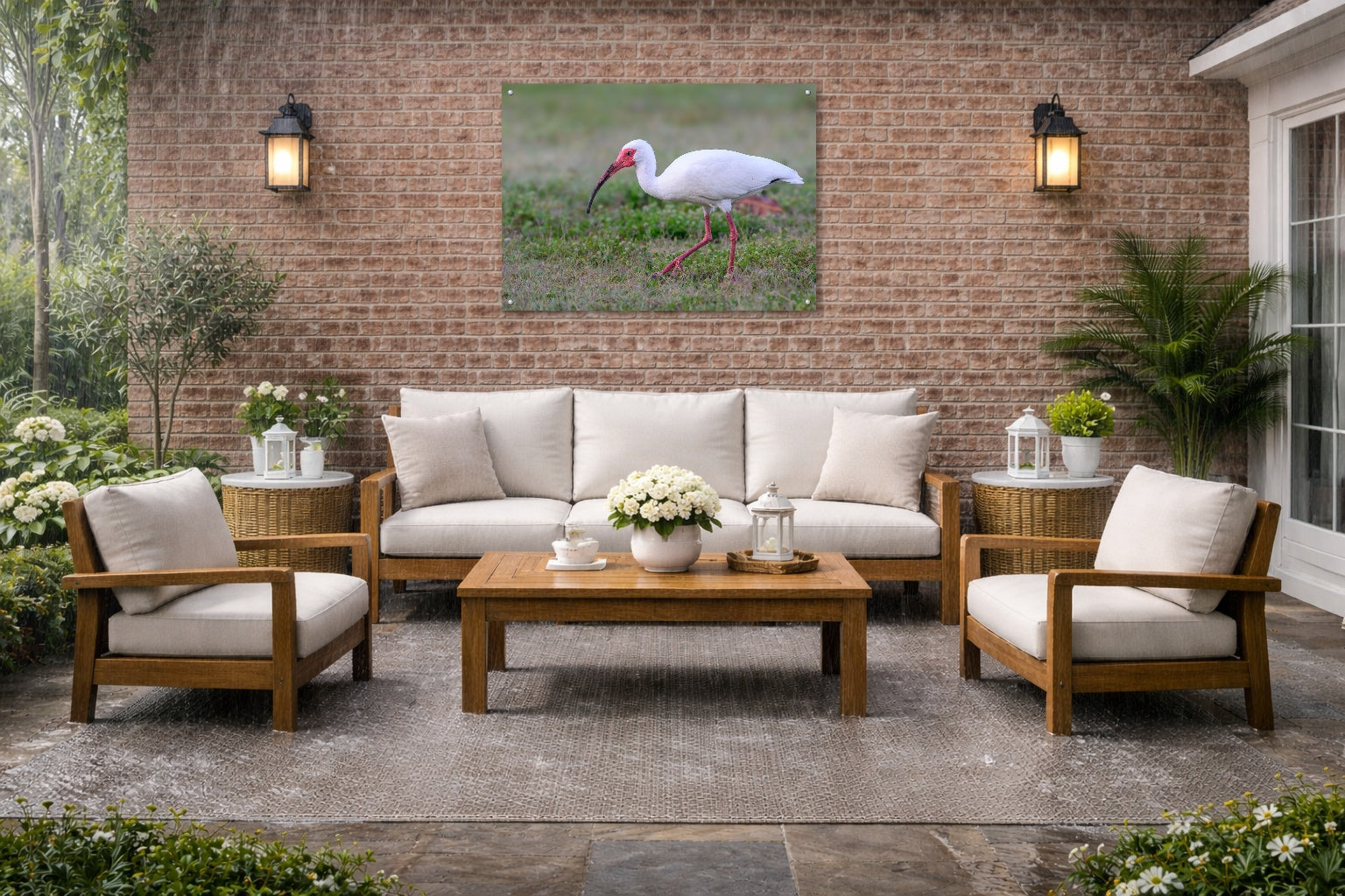 Ibis Walking in the Grass printed on water resistant canvas and mounted on a waterproof frame. Hung on a patio wall.