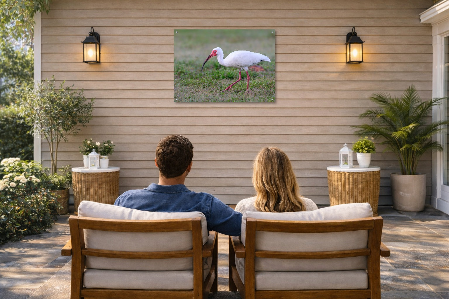 Ibis Walking in the Grass printed on water resistant canvas and mounted on a waterproof frame. Hung on a patio wall with couple.