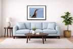 Patient Hunter - Anhinga printed on fine art paper, framed on a black frame and matted and hung on a Living Room wall above a couch