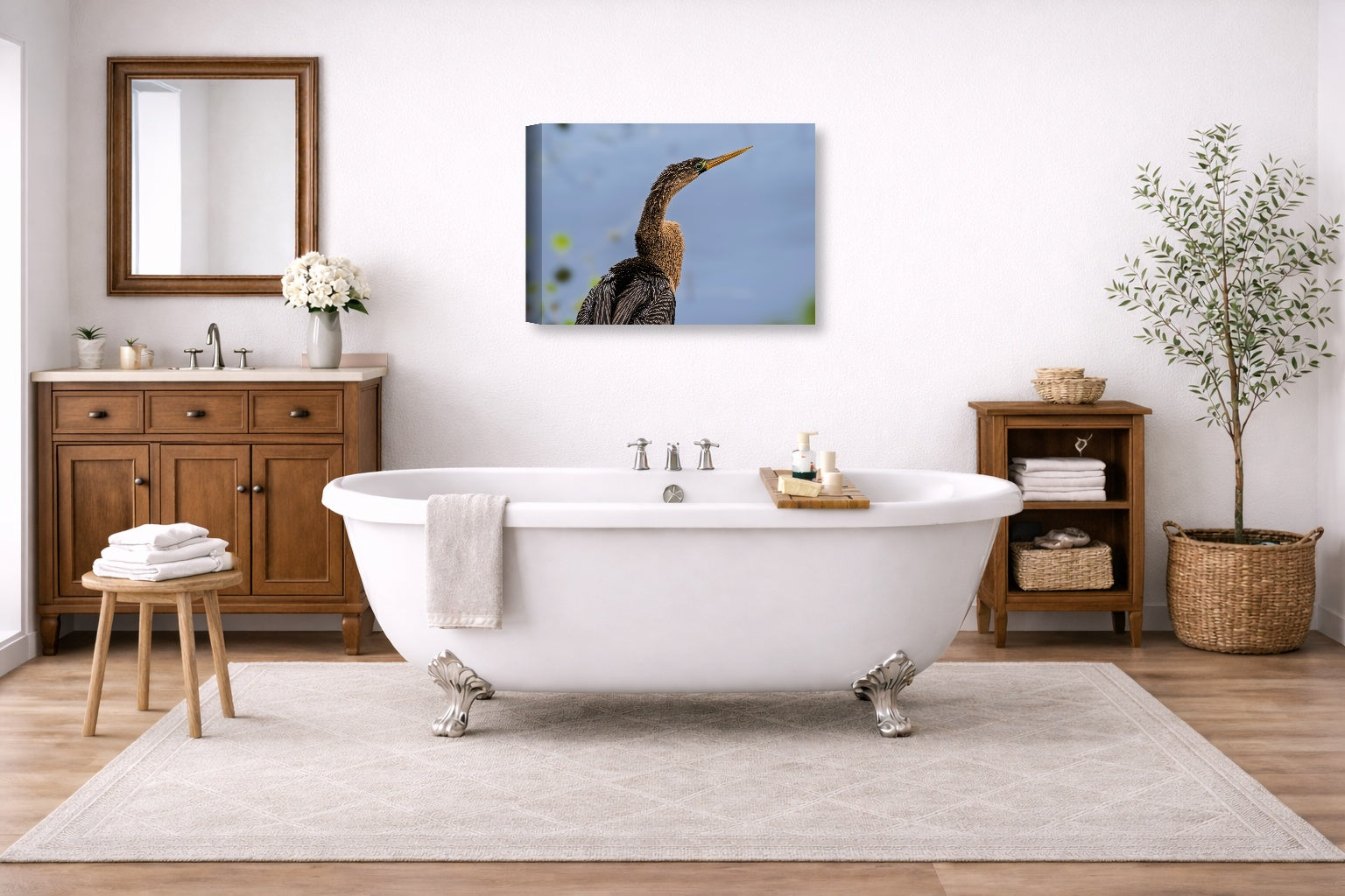 Patient Hunter - Anhinga printed on canvas wall art displayed on a bathroom wall .