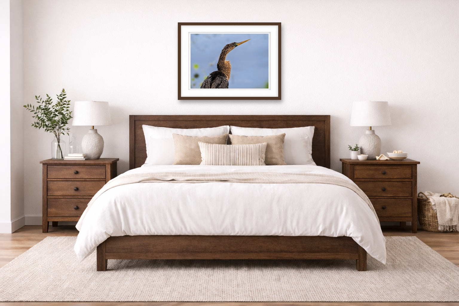 Patient Hunter - Anhinga printed on fine art paper, framed on a espresso frame and matted. Hung on a living bedroom wall.