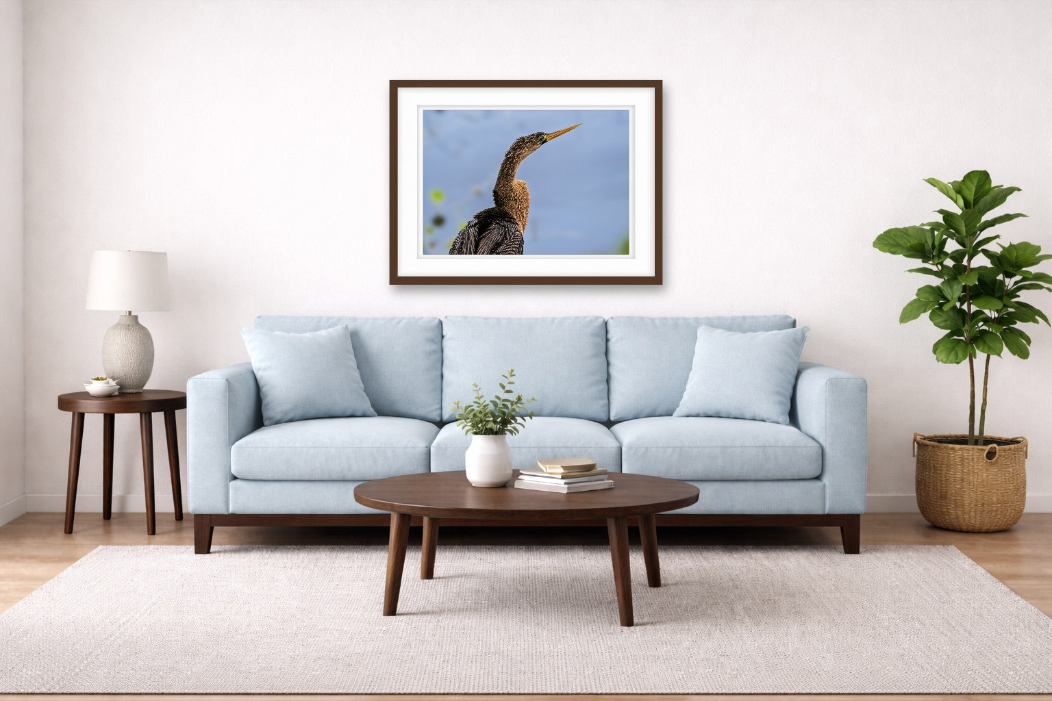 Patient Hunter - Anhinga printed on fine art paper, framed on a espresso frame and matted. Hung on a living room wall