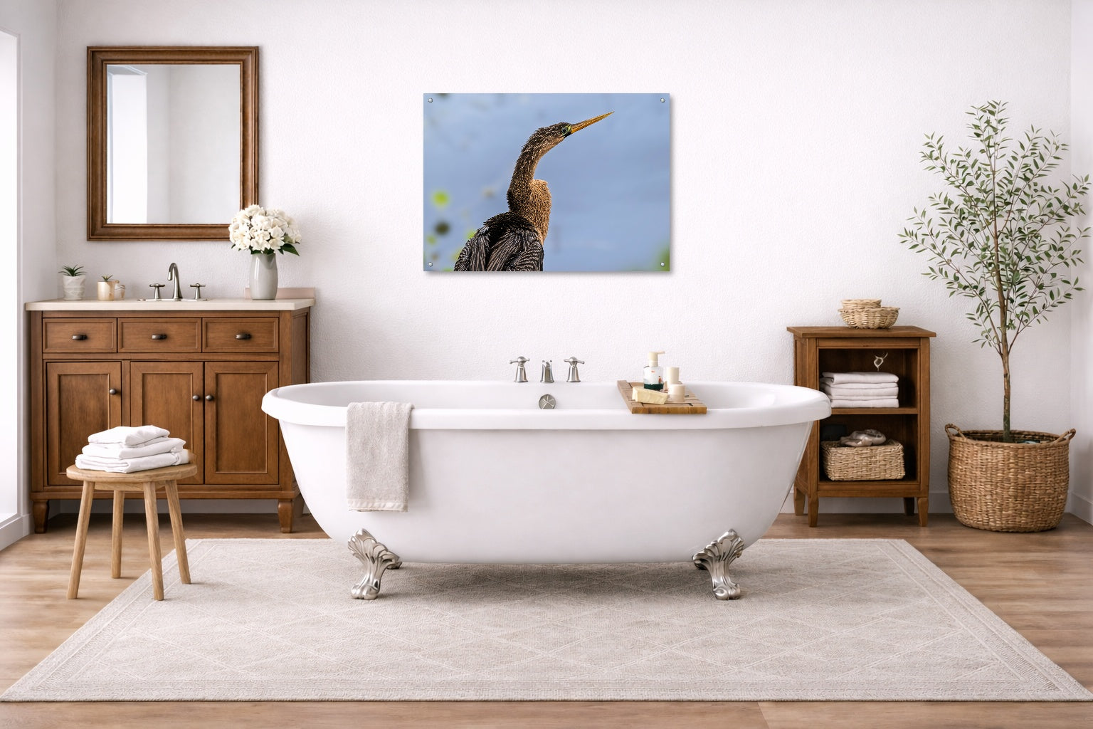 Patient Hunter - Anhinga printed on aluminum metal with wall anchors. Hung on a bathroom wall.