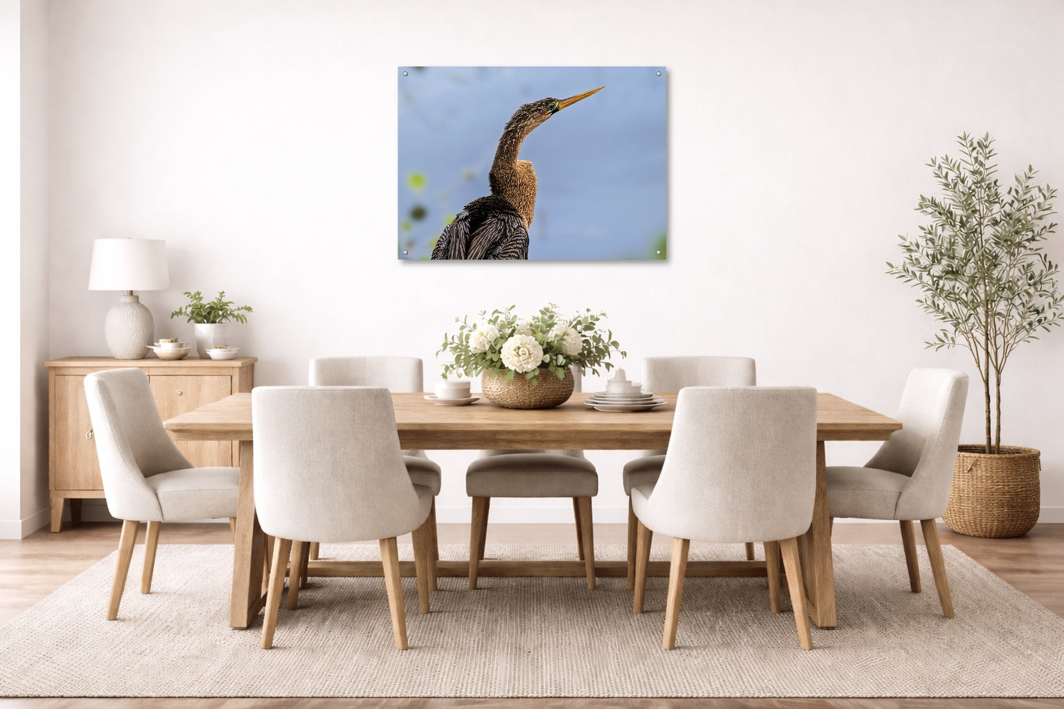 Patient Hunter - Anhinga printed on aluminum metal with wall anchors. Hung on a dining room wall.