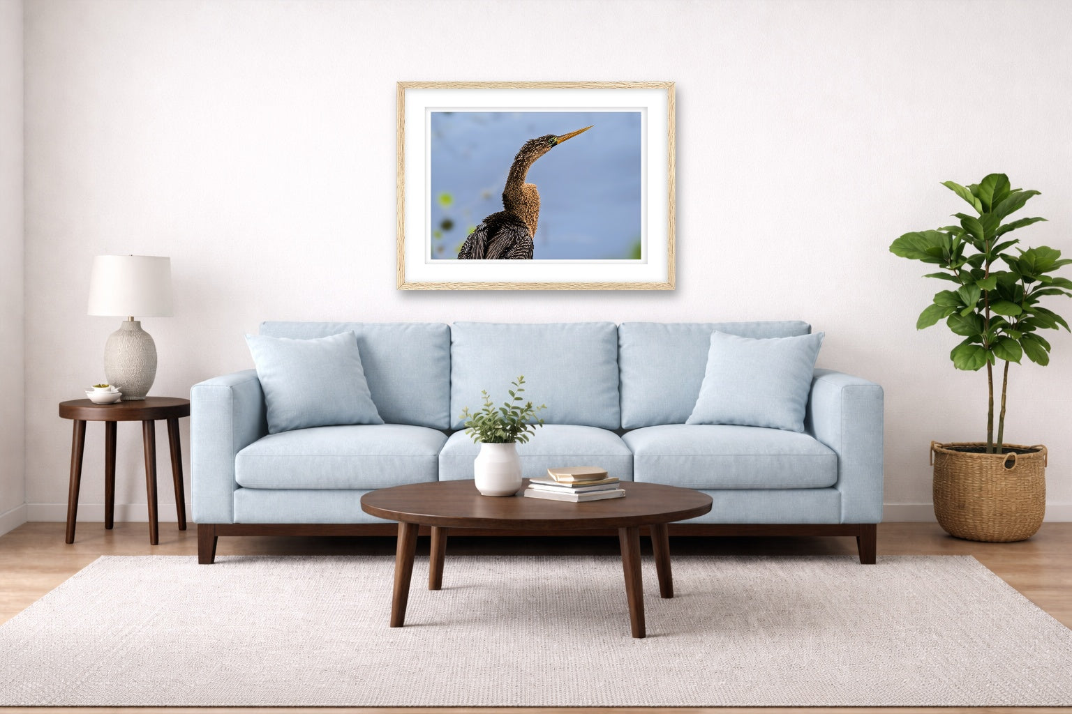 Patient Hunter - Anhinga printed on fine art paper, framed on a oak frame and matted. Hung on a living room wall.