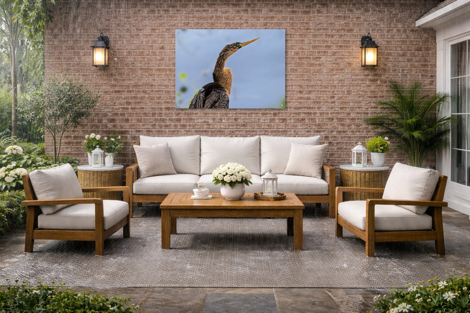 Patient Hunter - Anhinga printed on water resistant canvas and mounted on a waterproof frame. Hung on a patio wall.