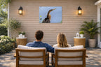 Patient Hunter - Anhinga printed on water resistant canvas and mounted on a waterproof frame. Hung on a patio wall with couple.