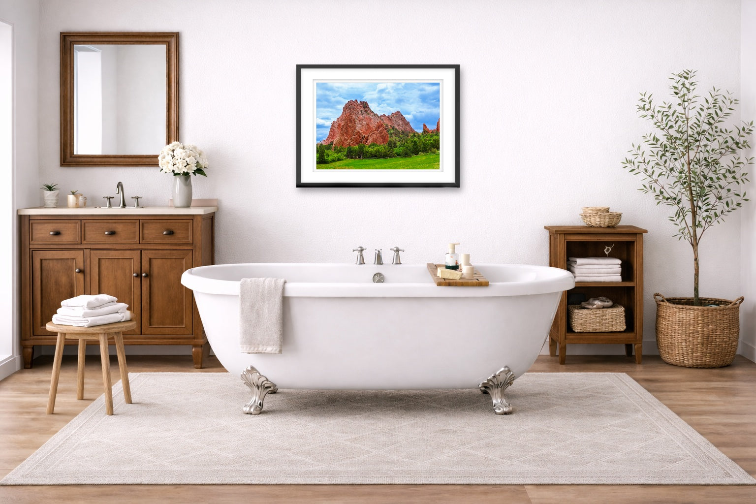 North Gateway Rock: Garden of the Gods printed on fine art paper, framed on a black frame and matted and hung on a wall on an bathroom wall.