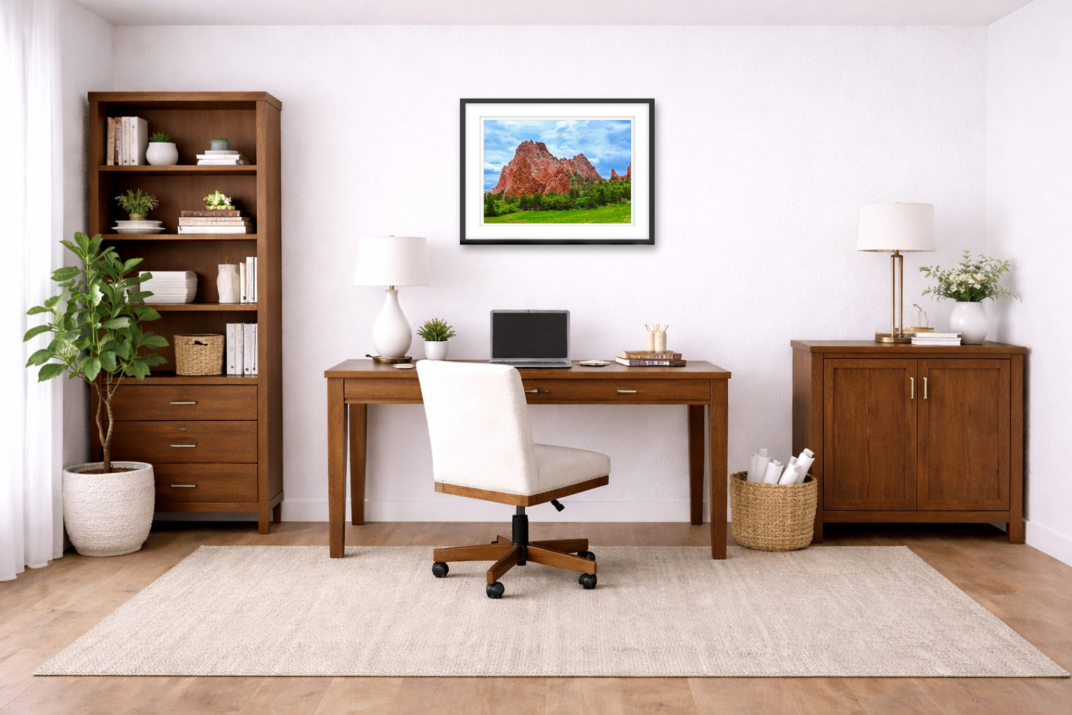 North Gateway Rock: Garden of the Gods printed on fine art paper, framed on a black frame and matted and hung on a wall on an home office wall.