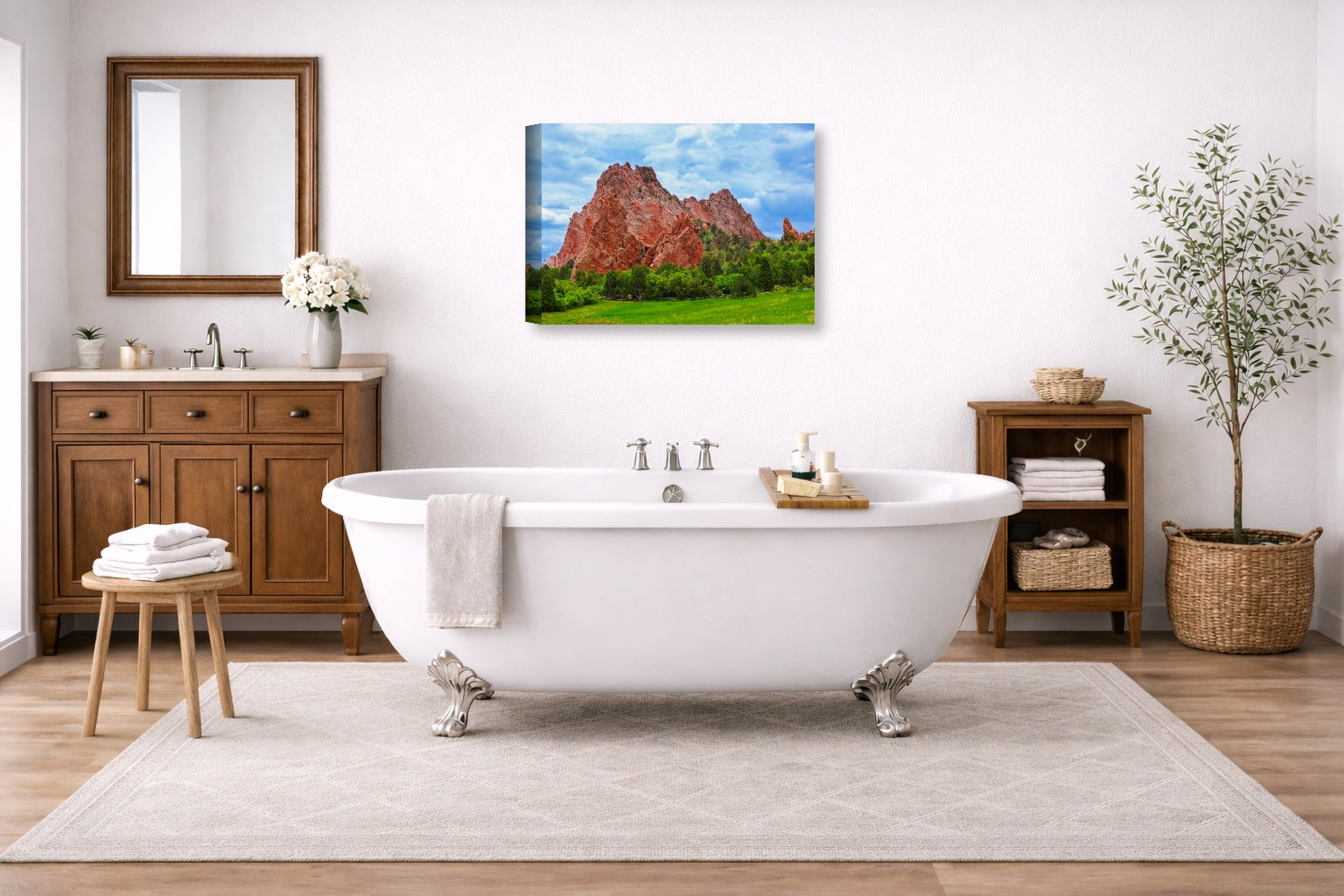 North Gateway Rock: Garden of the Gods printed on canvas wall art displayed on a bathroom wall .