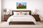 North Gateway Rock: Garden of the Gods printed on canvas wall art displayed on a wall above a bed.